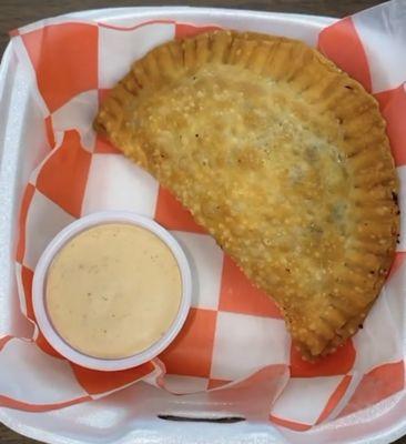 Empanadas: stuffed with ground beef, peppers, onions, and cheese w/ Chipotle sauce