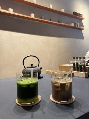 Matcha coconut water and hojicha latte