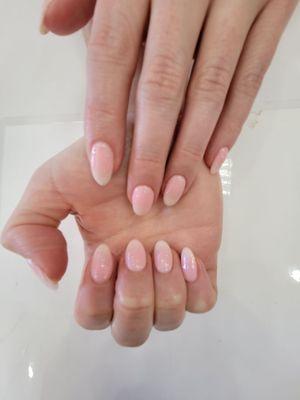 Pink and white ombre dip powder manicure.