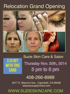 Suzie's Skin and Beauty Centre have moved to 2217 S. Bascom Avenue, Campbell, CA 95008. Our Grand Opening is NOV. 20th 5-8 pm.