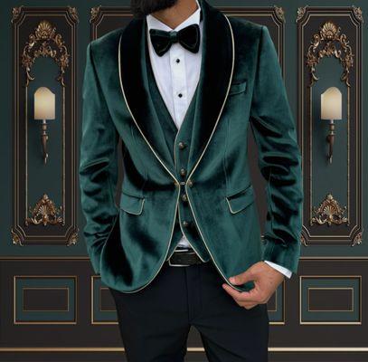 Emerald green SLIM-FIT MENS VELVET TUXEDO 3 PIECE SHAWL LAPEL