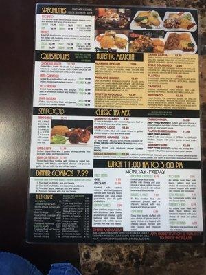 Back of full menu.