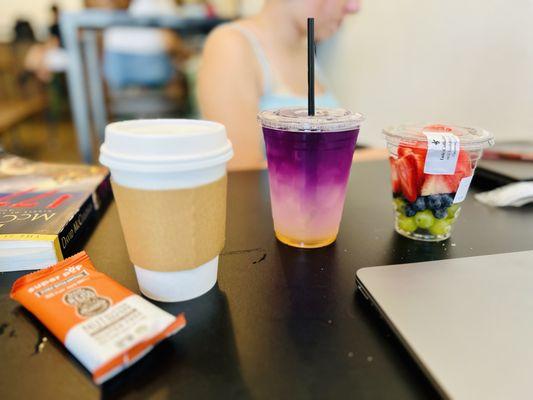 Latte, fruit cup and other treats