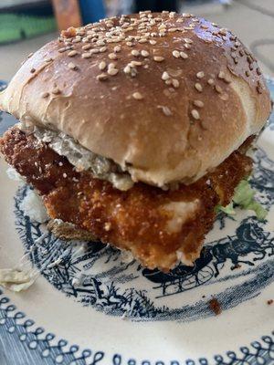 Yummy fried halibut sandwich.