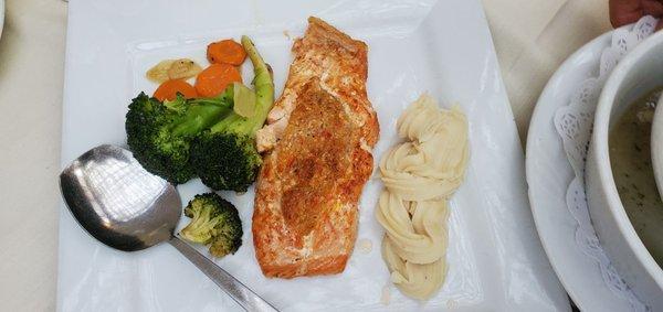 Salmon Stuffed with Crab Meat, Mashed Potatoes and Veggies.