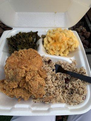 Fried Chicken, peas and rice, collards and Mac and cheese