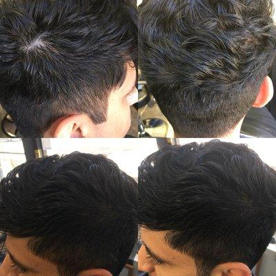 Hair cut sides low score or cut on top with spiking paste for definition an style