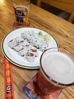 PBR, sushi rolls and La Cumbre oktoberfest