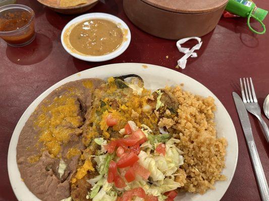 Chili relleno w: sauce on the side. Rice & beans