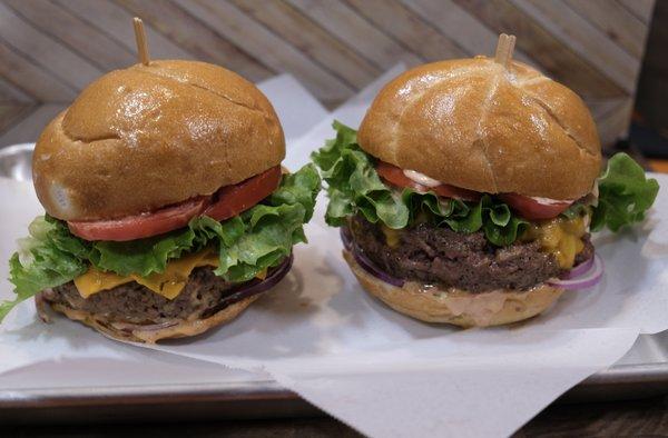 Classic Cheese Burgers (one burger is vegan)