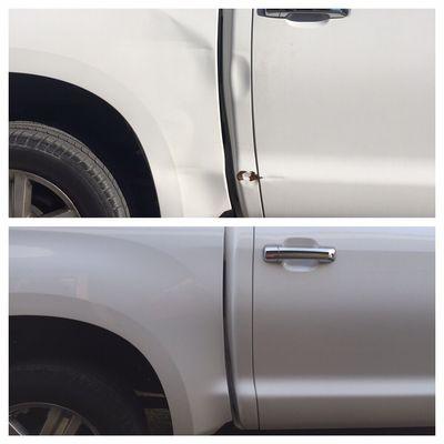 Before & after. Toyota Tundra replace & refinish RT bedside, Repair RT cab & RT rear door + buff complete.