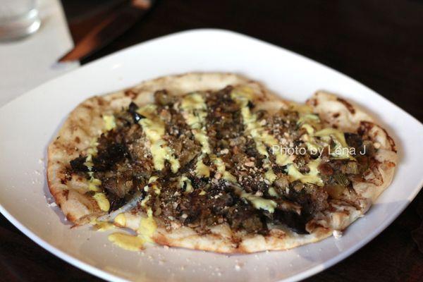 Baba Ghanoush ($13) - roasted eggplant, curried yogurt, almond, fennel, golden raisin, flatbread