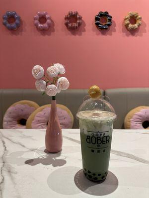 Chizu Matcha Latte with stir fry boba and a mochi donut sample - IG @bougiefoodieboi