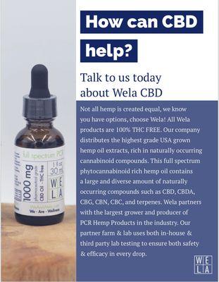 We carry medical and organic Wela CBD in pill, liquid and topical form.