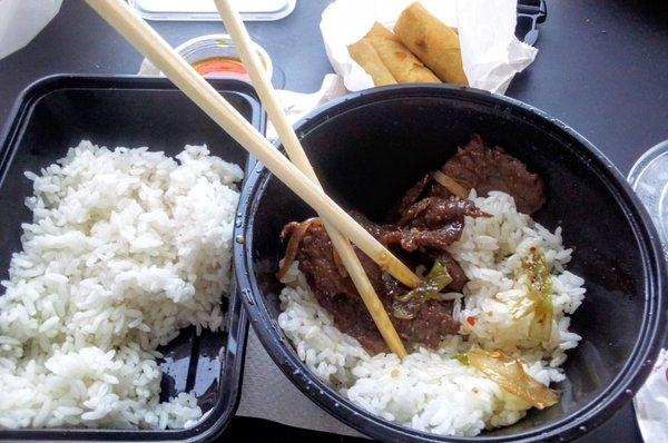 Mongolian Beef, rice & mini eggrolls