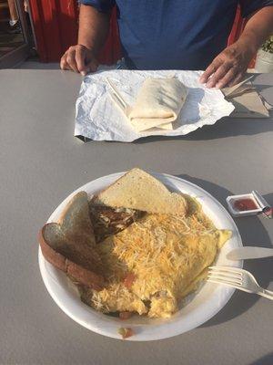 Veggie omelette and Breakfast Burrito.