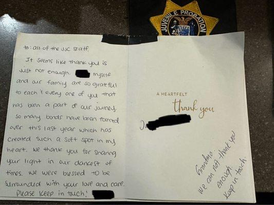 A thank you note from the parents a young person who was in custody for about a year on serious charges.