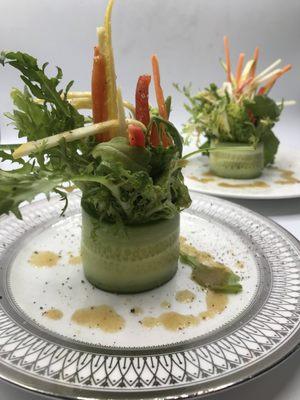 Cucumber Wrapped Mustard Greens with Apple Soy Vinaigrette and Julienne Vegetables