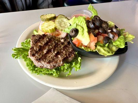 Slacker Burger (no bun) with side salad