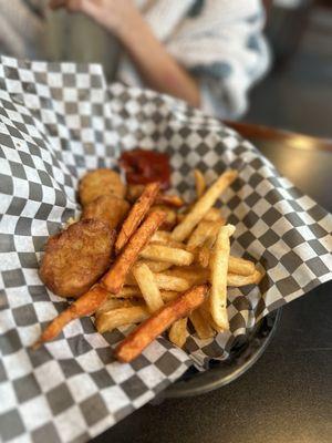 Kids chicken nuggets with fries (plus some of my sweet potato fries)