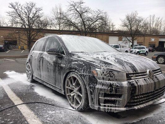 Foam baths extra safe for paint.  We also dry the car with filtered air to help keep that swirl free finish