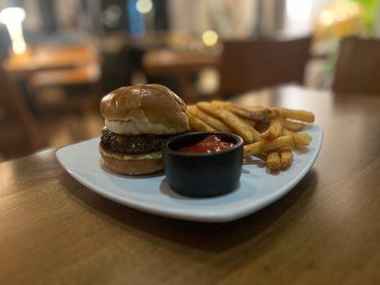 Kids burger with fries is a favorite with our little visitors.