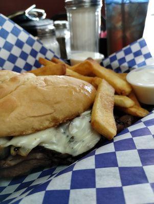 Philly cheese steak and steak cut fries