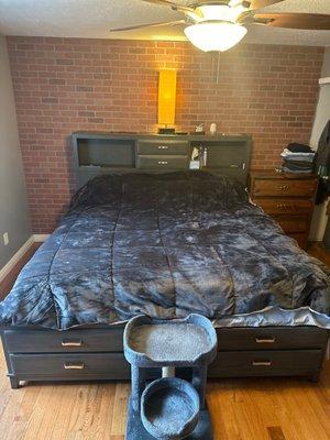 Bed frame and bunkie boards under mattress. Got mattress online