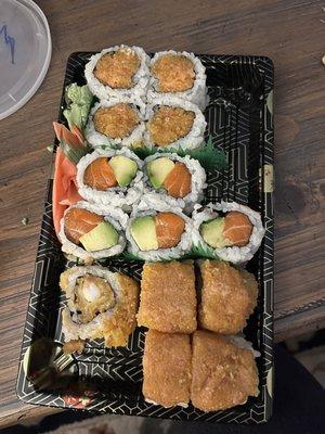 "Tokyo" (bottom) tempura, spicy tuna; salmon, avocado (middle); spicy tuna (top)