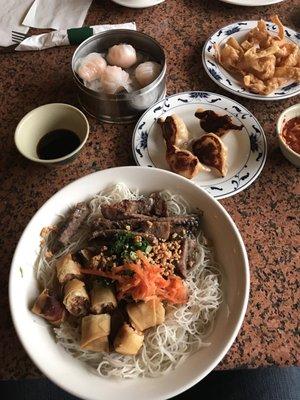 Grilled beef and fried spring roll. (grilled pork listed on the menu, allow substitution of meat)