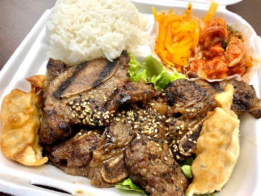 Galbi / Kalbi / short rib lunch bento with rice, daikon, Kimchee, and dumplings. Sooooo gooood!