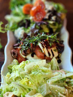 Salad trio with Caesar, Caprese, and Mista