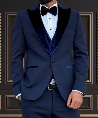 BLUE SLIM-FIT MENS TUXEDO 3 PIECE VELVET PEAK LAPEL