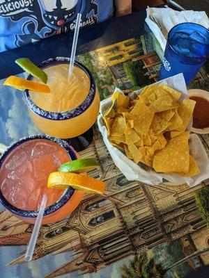 Peach Margarita (top) and Fruit Punch Margarita (bottom) and chips/salsa