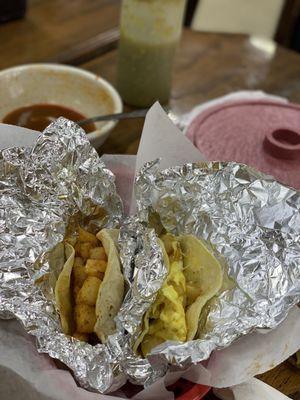 Breakfast tacos. Chorizo and potato, and egg and potato.