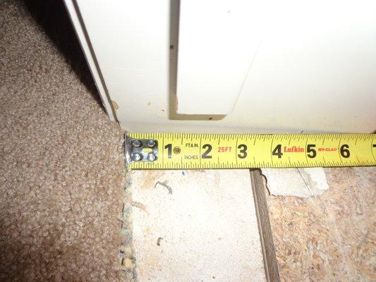 This threshold is 7 inches wide. The installer's cut more than 3" off my bedroom carpet.