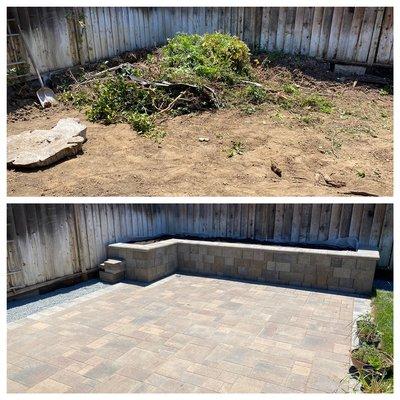 Before and after pavers and seating wall