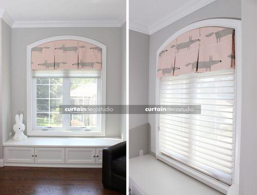 Valance cordinate with Hunter Douglas Nantucket shade for the baby room