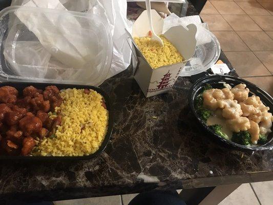 Coconut shrimp fried rice and orange chicken