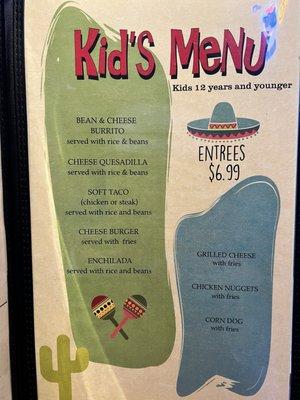 Kid's menu