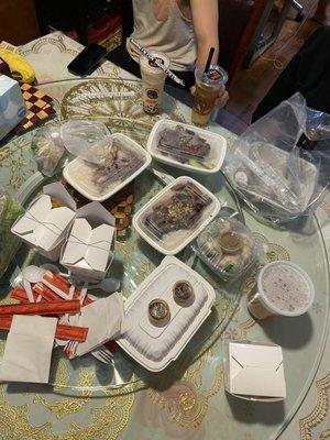 take out vermicelli and pho, spring rolls, and beef cubes rice