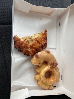 Apple Fritter Donut, Maple Bacon Donut, old fashioned glazed. Smiling Glazed Donut