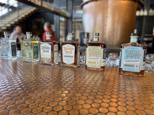 Gin, barrel-aged gin, bourbon, 8-year-old whiskey, 10-year-old whiskey