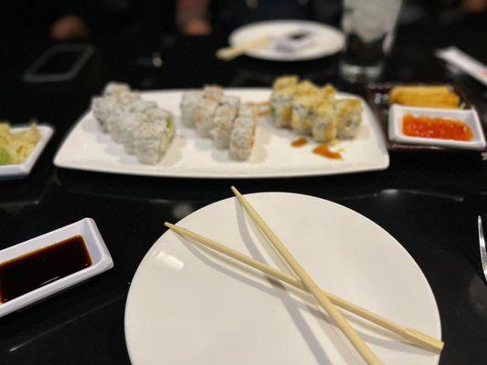 Crunch roll, spicy tuna and California roll.