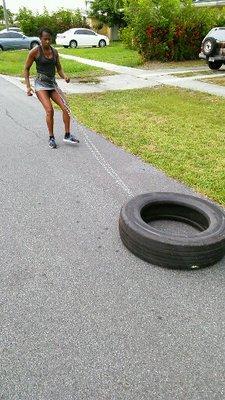 Tire drags to build up the legs and burn up fat, not for the feeble!