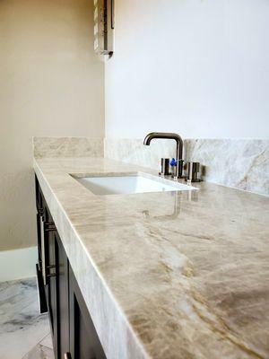 Taj Mahal Quartzite master bathroom countertop, Mitered Edge Detail, undermount sink