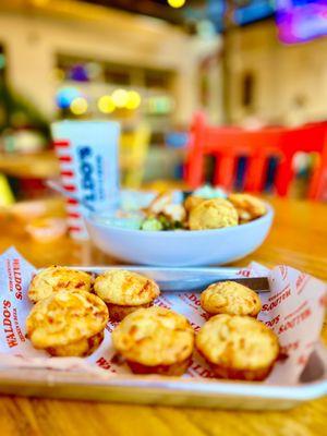 Chop blue salad with fry and habanero spicy oil and honey butter checar biscuit basket