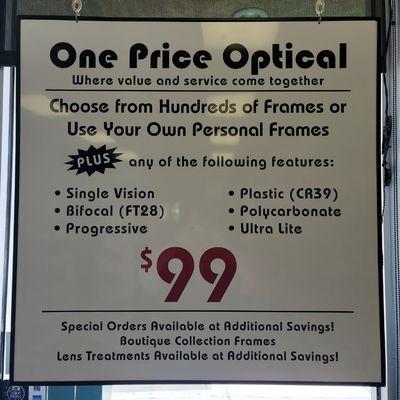 Choose new Frame or use your own frame.  With clear uncoated lens. Includes Single Vision, FT28 Bifocal, or Progressive.