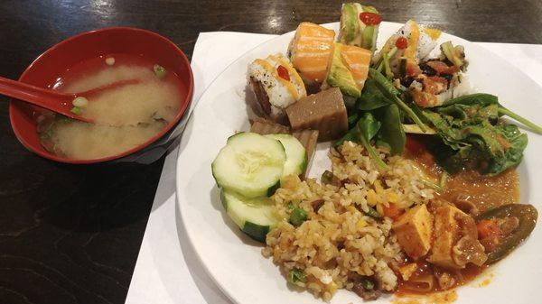 Variety of sushi rolls, fried drive, mapu tofu, ginger salad, & miso soup