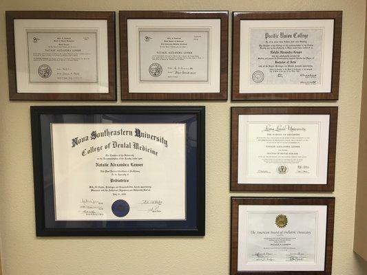 Dr. Lenser's Certificates posted in consultation room